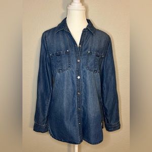 Chicos Denim Button Up Shirt Silver Button Rhinestone Size 0 Roll Tab Preowned